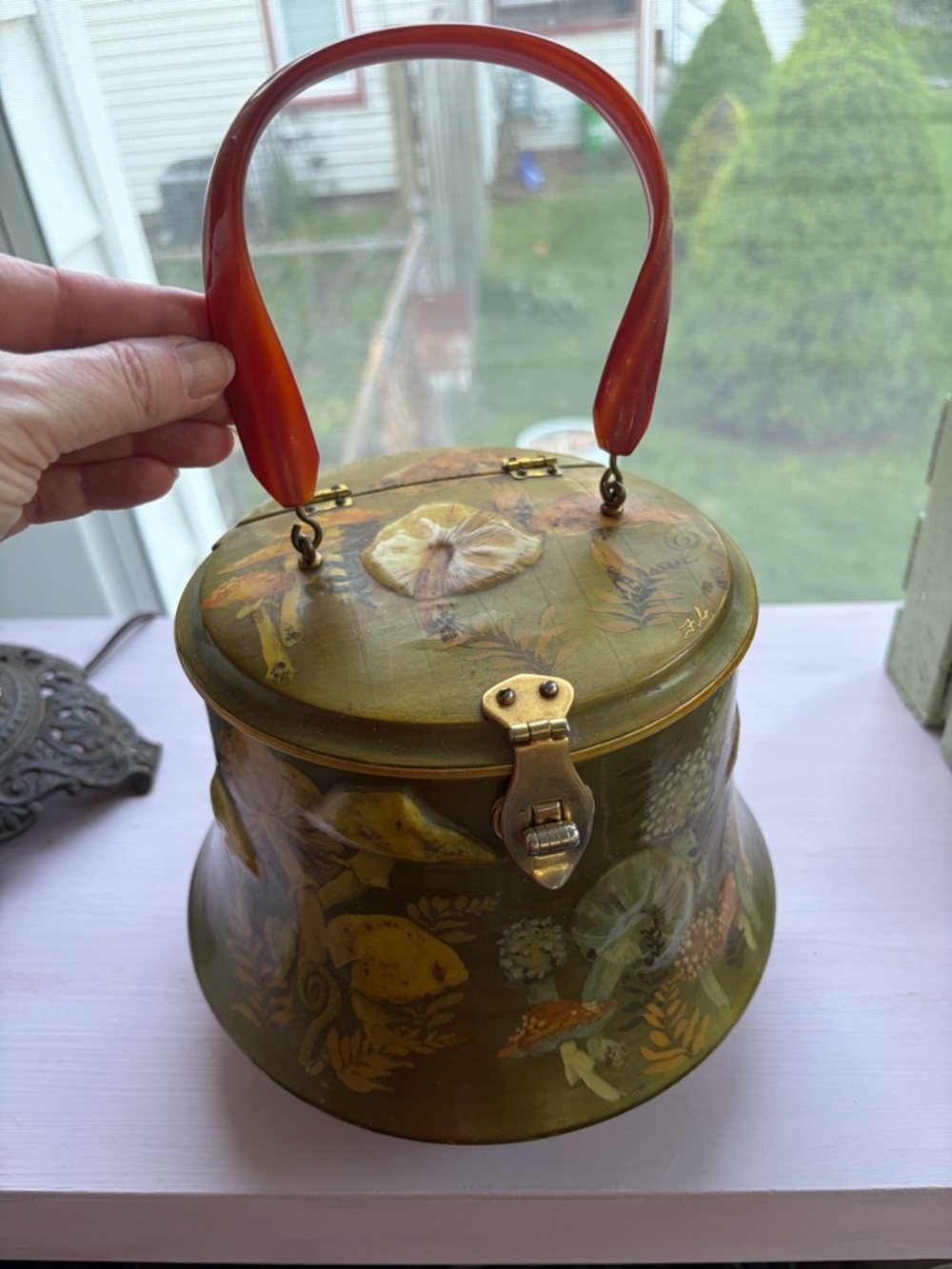 Vintage Mushroom Wooden Purse with Bakelite Handle